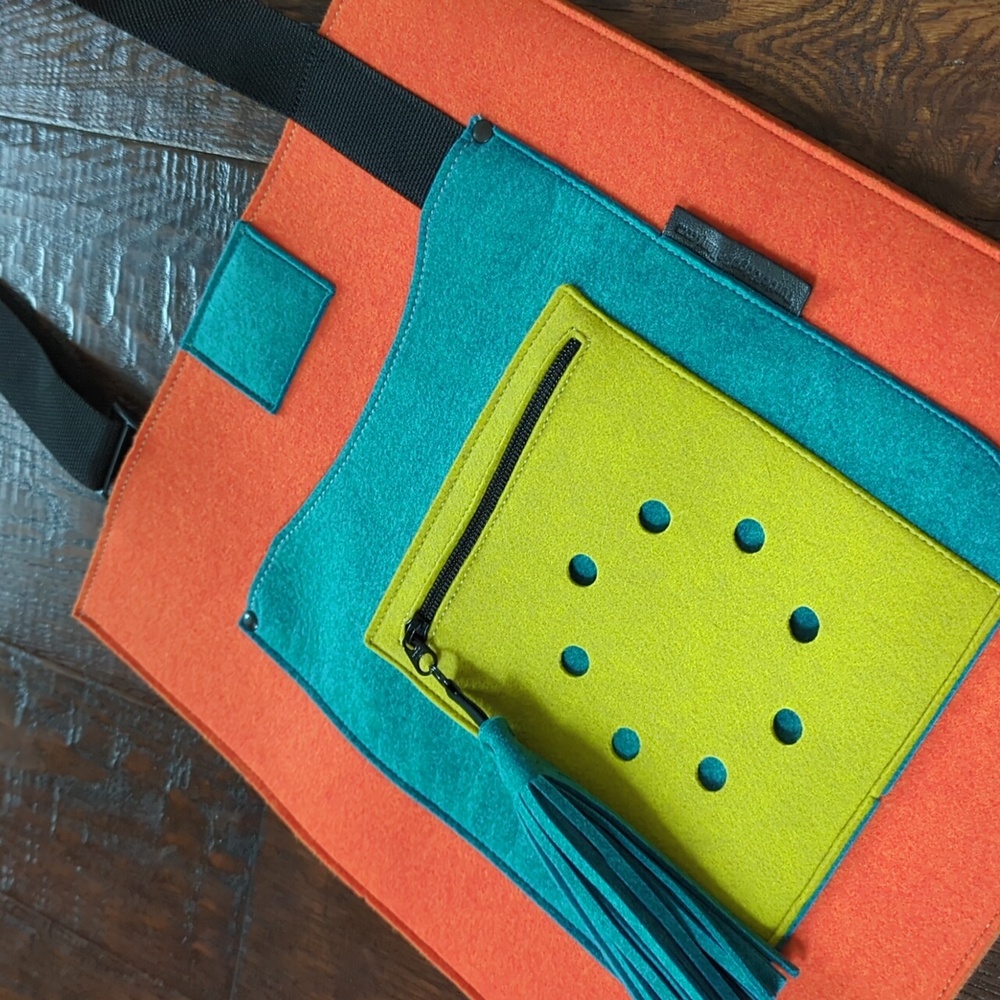 TURTLE RIDGE GALLERY I Orange, Turquoise, & Lime Green Felted Wool Tote Purse